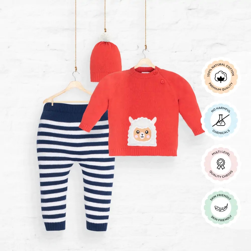 Baby Full Sleeves Sweater & Stripe Pant Set with Cap in 100 Cotton