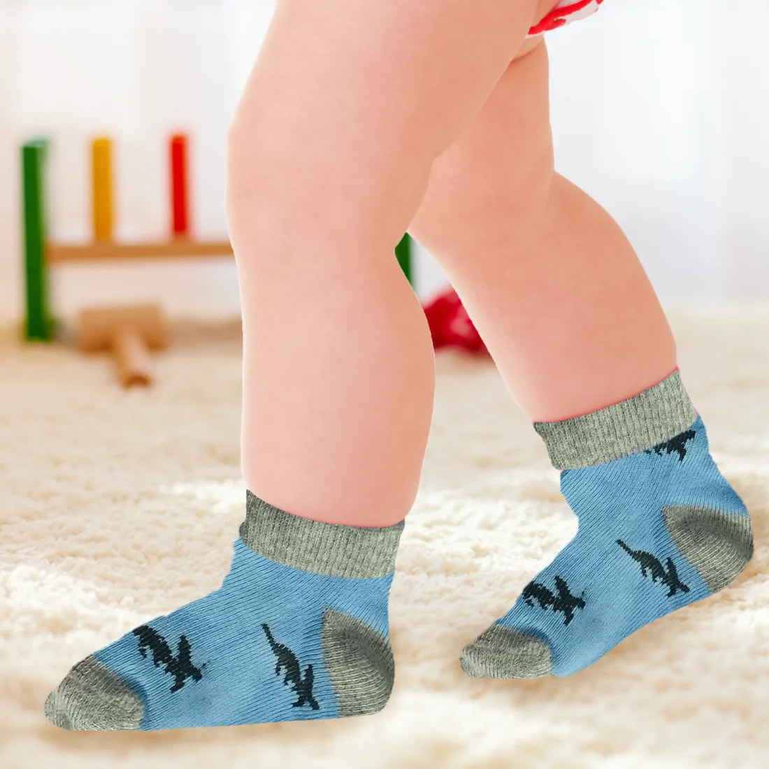 Antibacterial Baby Socks - Elasticated & Ankle Length - (0-6 Months) Unisex Dino