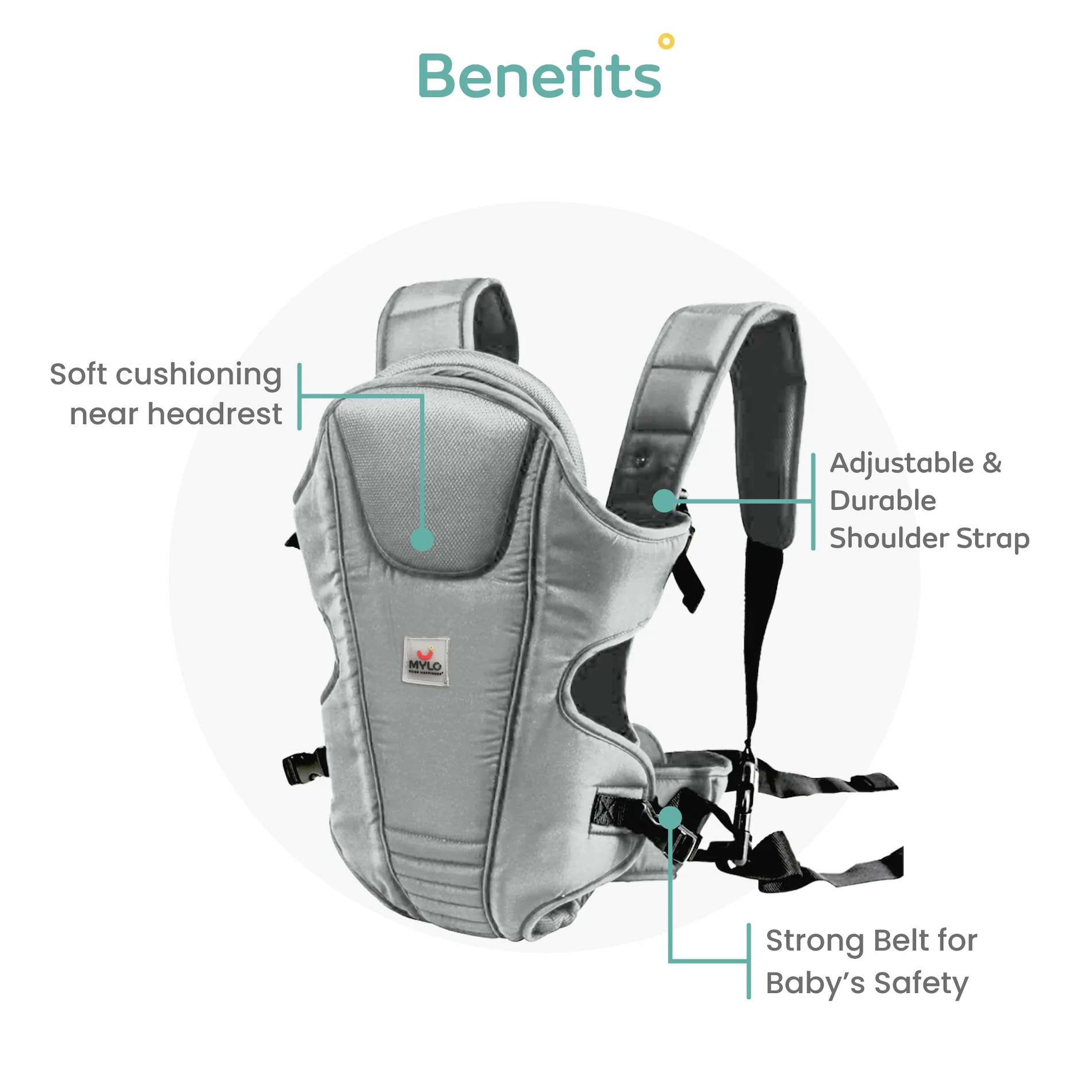 Baby Carrier with Head Support & Adjustable Buckle Straps (6 - 15 Months) - Grey
