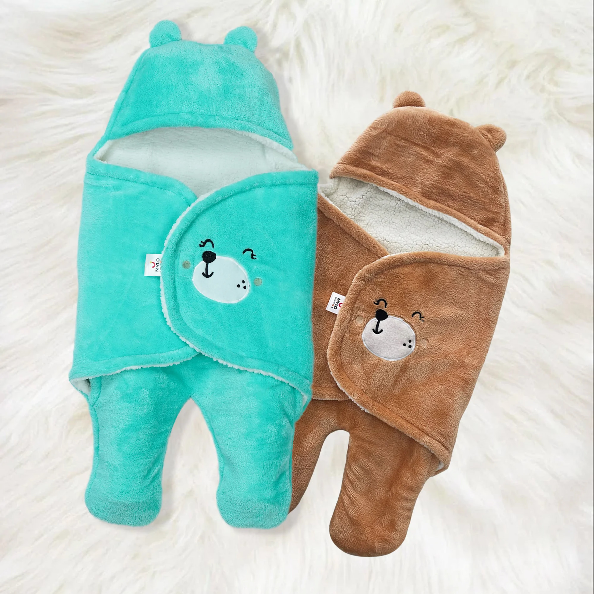 Mylo Ultra-soft Cute Baby Swaddling Wrapper, Sleeping Bag cum All season Ac Blanket (0-6 Months) - Mint Green + Light Brown