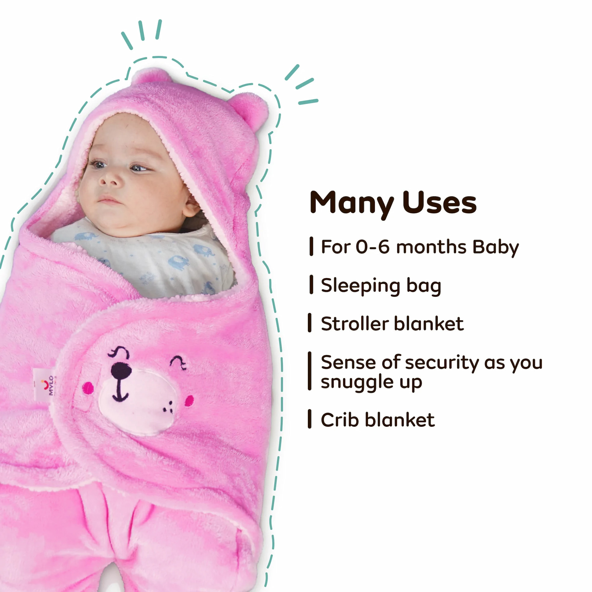 Mylo Ultra-soft Cute Baby Swaddling Wrapper, Sleeping Bag cum All season Ac Blanket (0-6 Months) - Light Pink + Light Brown + Mint Green