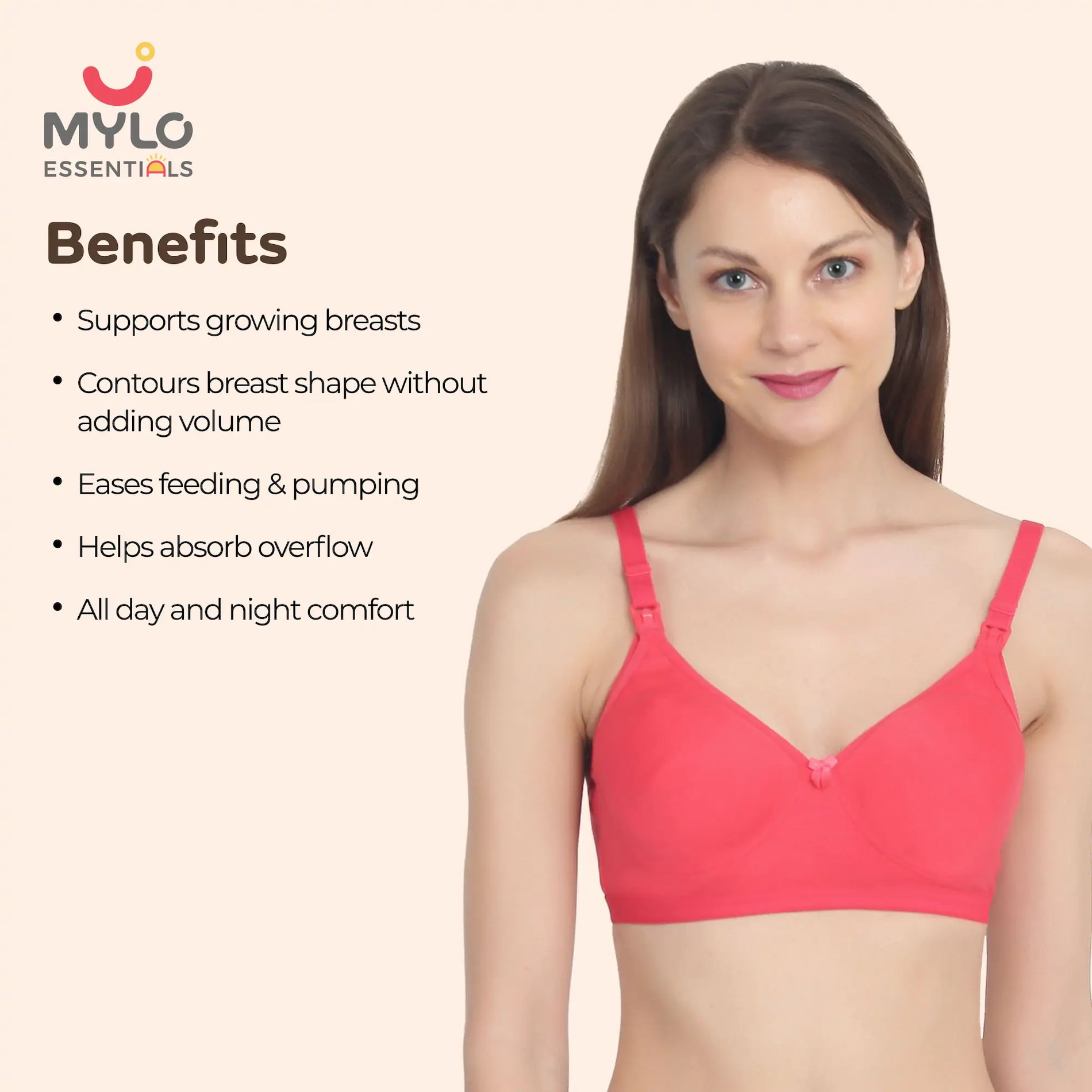 Mylo Maternity/Nursing Moulded Spacer Cup Bra with free bra extender - Coral 42B