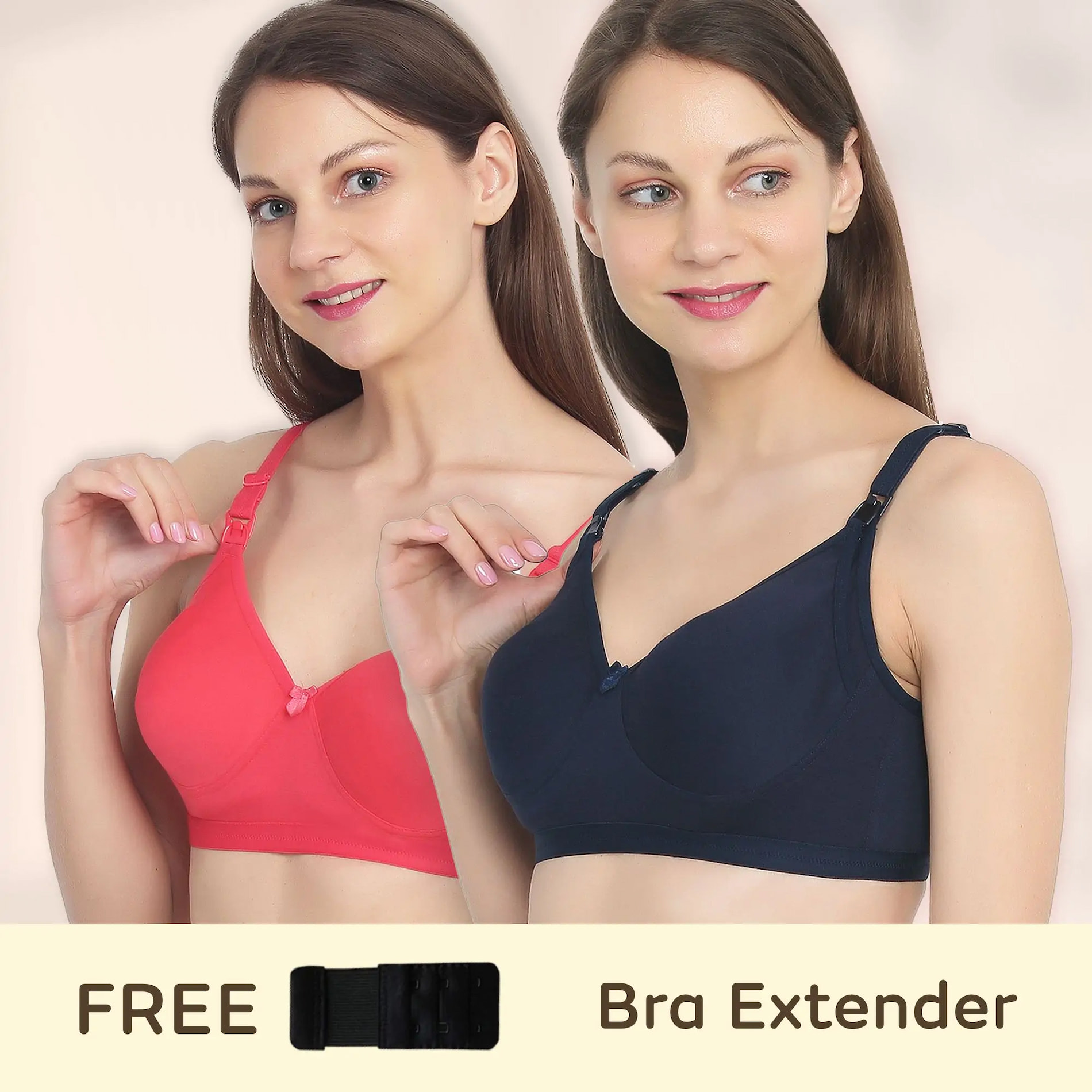 Maternity/Nursing Moulded Spacer Cup Bra Pack of 2 with free bra extender -(Coral, Navy) 38 B   