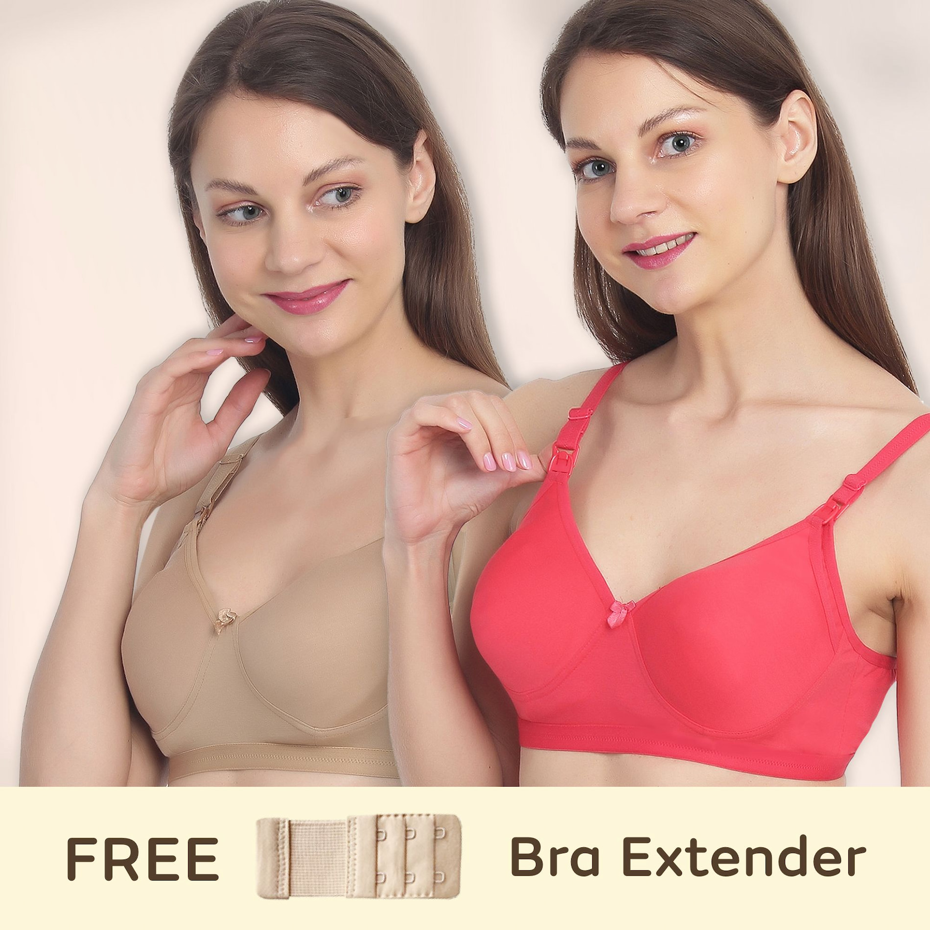 Maternity/Nursing Moulded Spacer Cup Bra Pack of 2 with free bra extender -(Skin,Coral)  36 B   