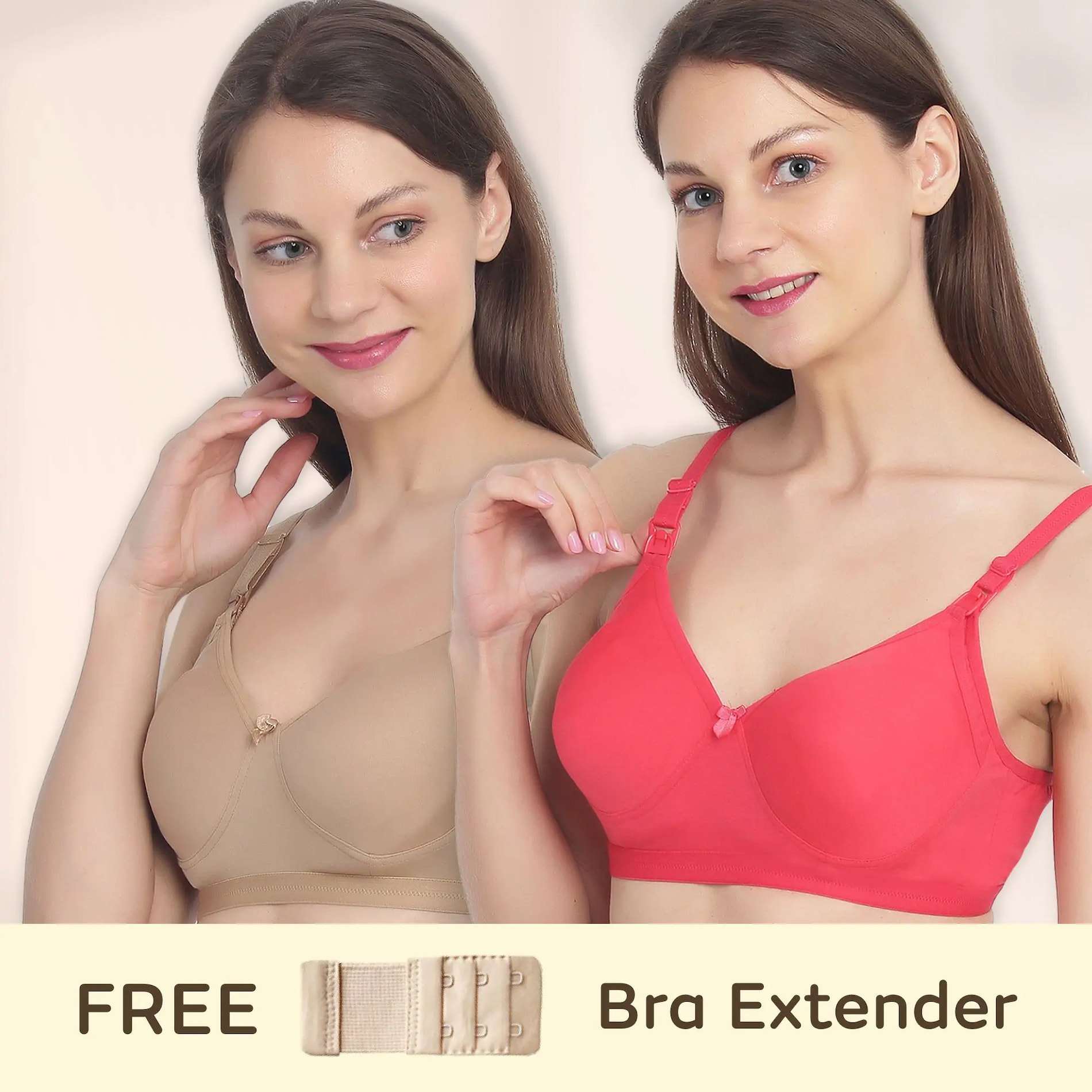 Mylo Maternity/Nursing Moulded Spacer Cup Bra Pack of 2 with free bra extender -(Skin,Coral) 40B 