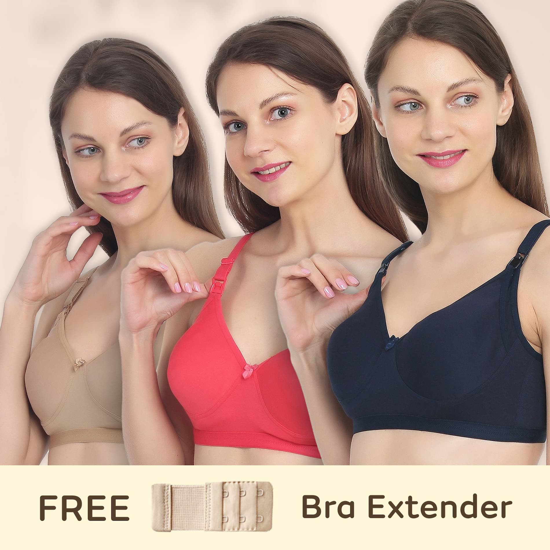 Maternity/Nursing Moulded Spacer Cup Bra Pack of 3 with free bra extender- (Coral, Navy, Skin) 32B 