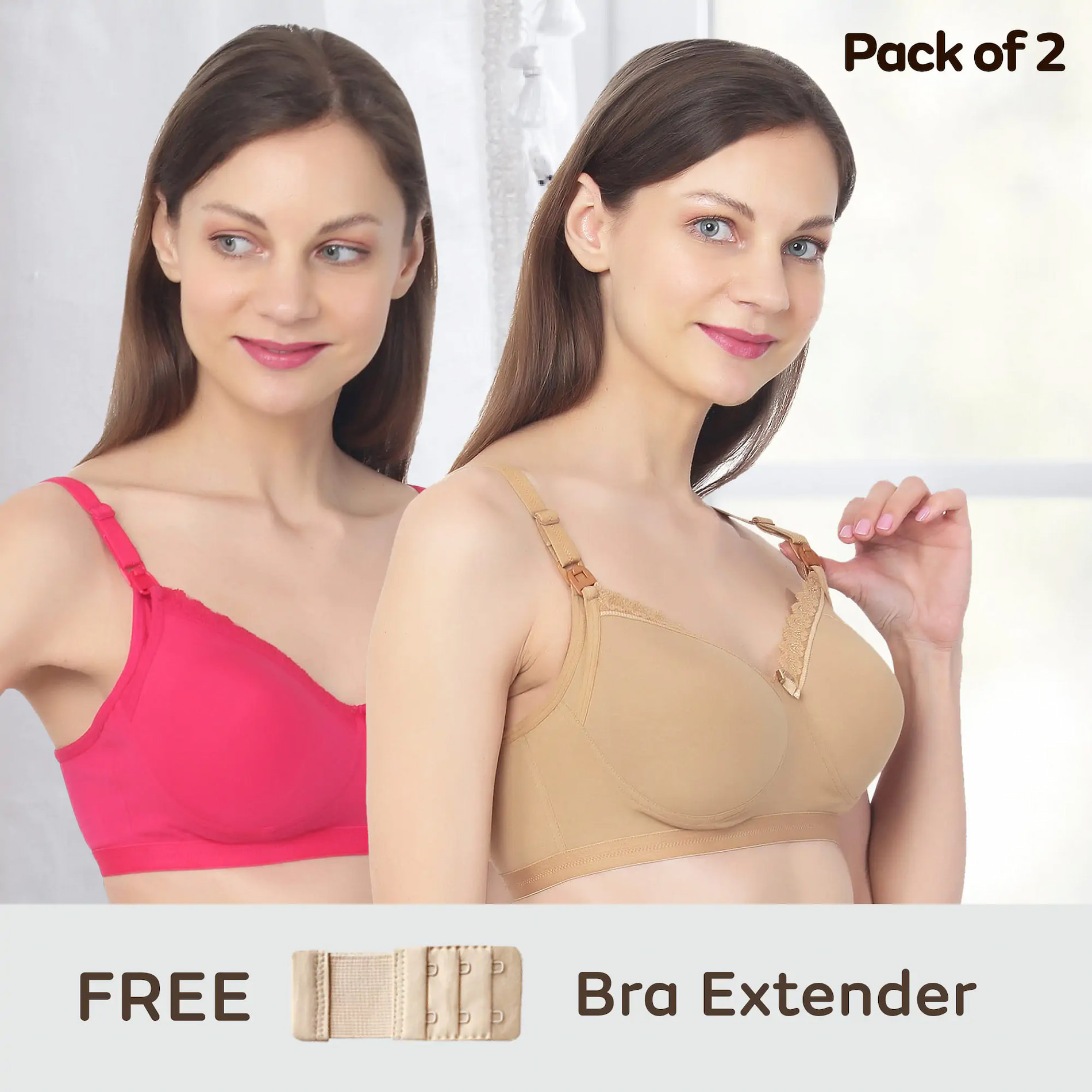 Light Padded Maternity/Nursing Bra Pack of 2 with free bra extender-(Skin,Fuchsia) 32B