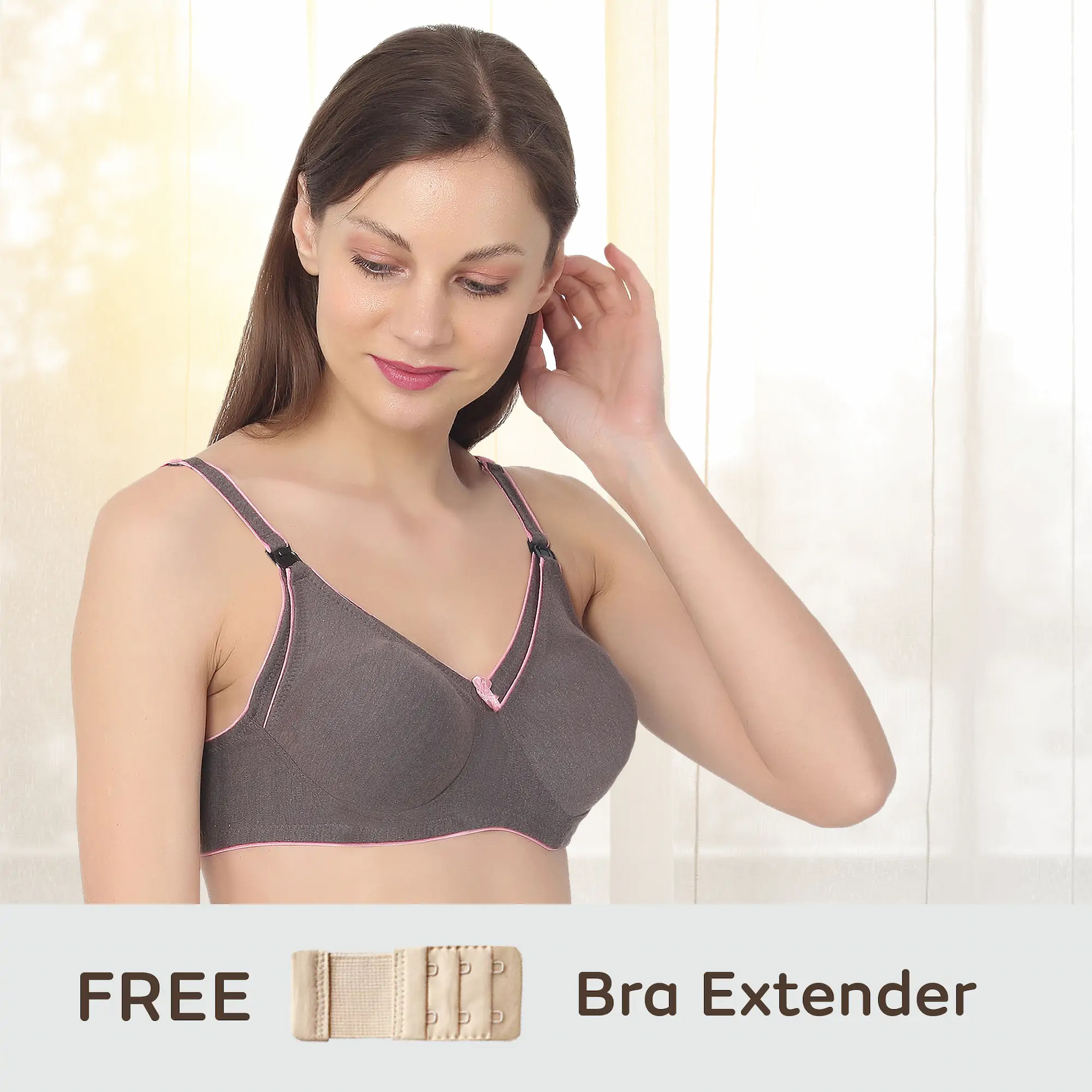 Maternity/Nursing Moulded Cup Extra Comfort Bra with free Bra Extender - Dusty Grey Melange 32B 