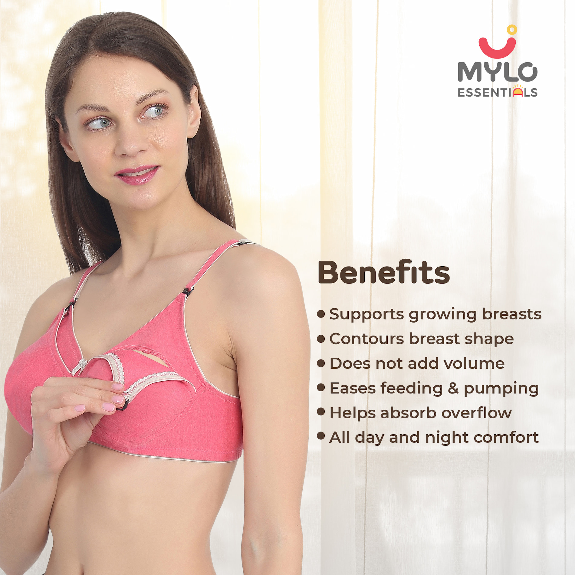 Mylo Maternity/Nursing Moulded Cup Extra Comfort Bra with free Bra Extender - Coral Pink Melange 42B 