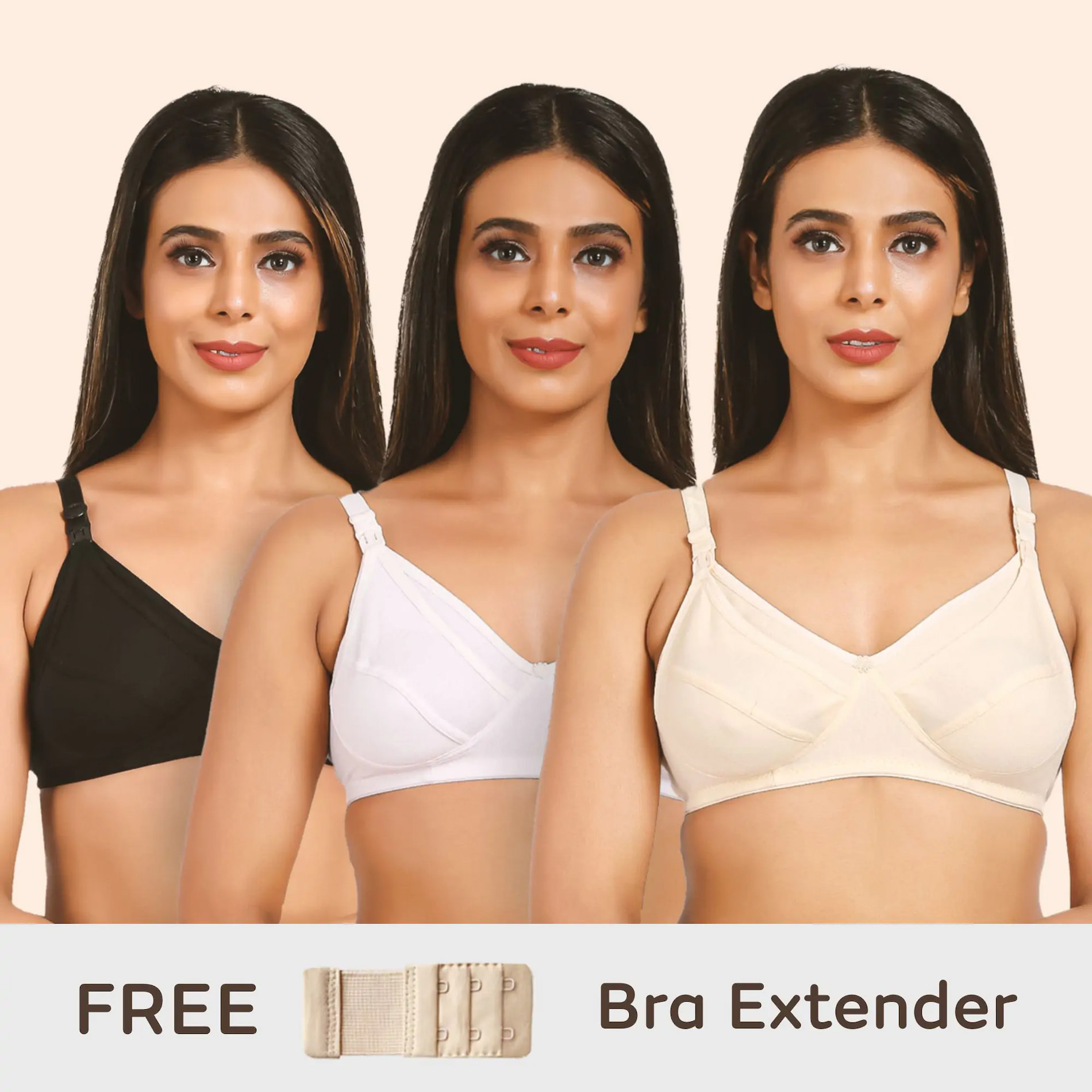 Mylo Maternity/Nursing Bras Non-Wired, Non-Padded - Pack of 3 with free Bra Extender (Classic Black, Classic White, Magnolia Cream) 38 B