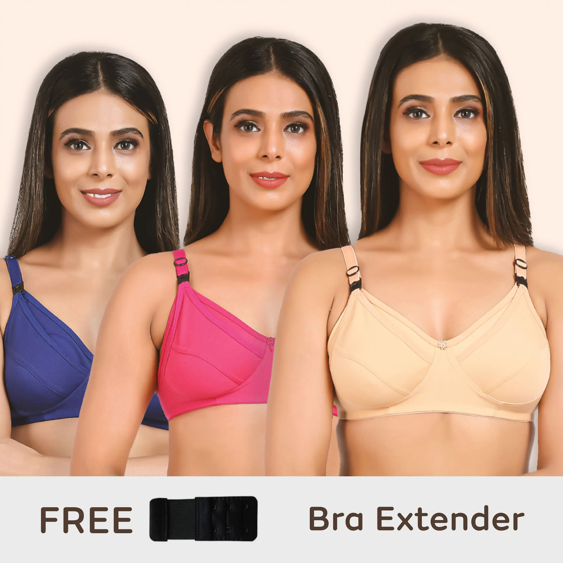 Maternity/Nursing Bras Non-Wired, Non-Padded - Pack of 3 with free Bra Extender (Sandalwood, Persian Blue & Dark pink) 36 B