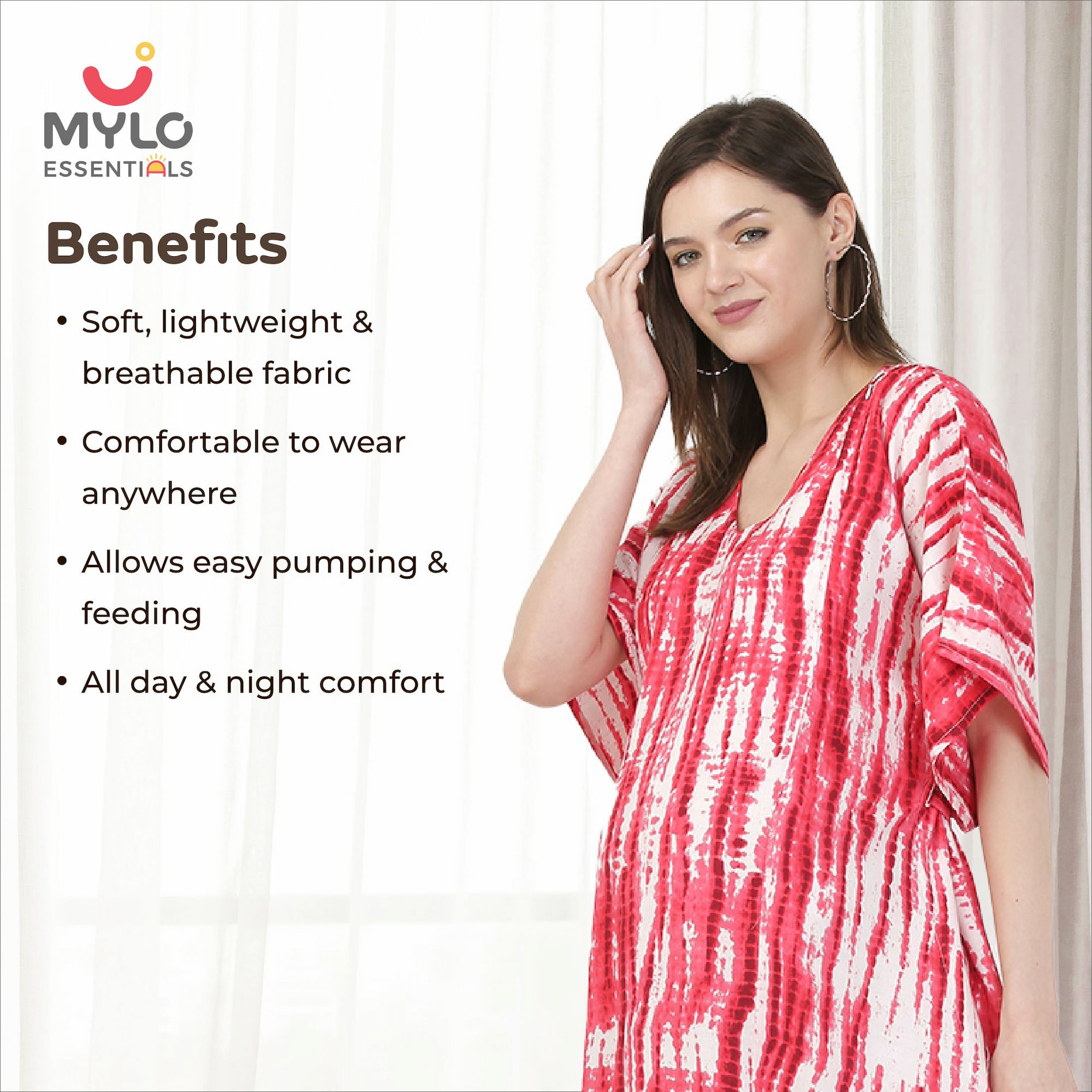 Mylo Pre & Post Maternity /Nursing Kaftan Maxi Dress cum Nighty with Zipper for Easy Feeding – Shibori Print -Fuchsia–L 