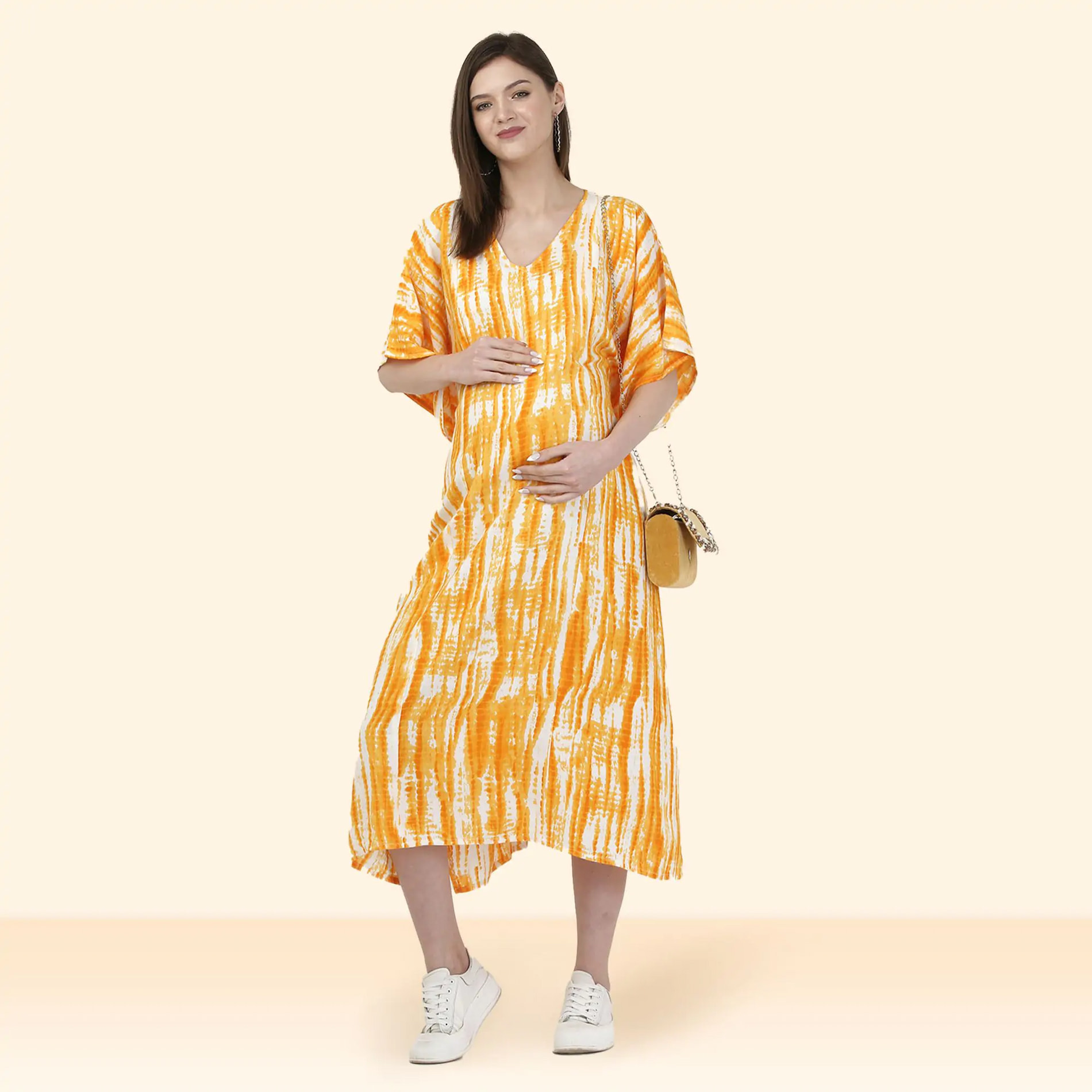 Mylo Pre & Post Maternity /Nursing Kaftan Maxi Dress cum Nighty with Zipper for Easy Feeding – Shibori Print -Orange- L
