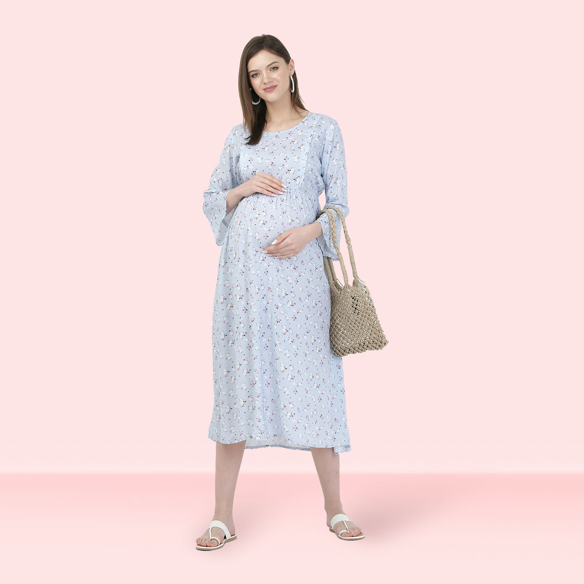 Mylo Pre & Post Maternity /Nursing Maxi Dress with both sides Zipper for Easy Feeding – Blue Ditsy Daisy –XL