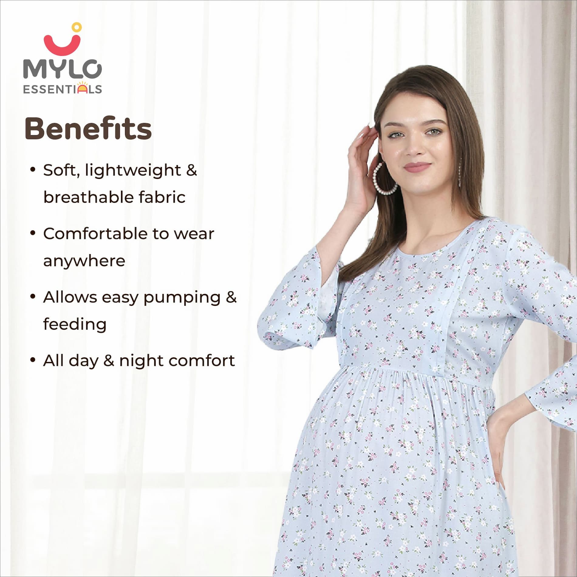 Mylo Pre & Post Maternity /Nursing Maxi Dress with both sides Zipper for Easy Feeding – Blue Ditsy Daisy –XL