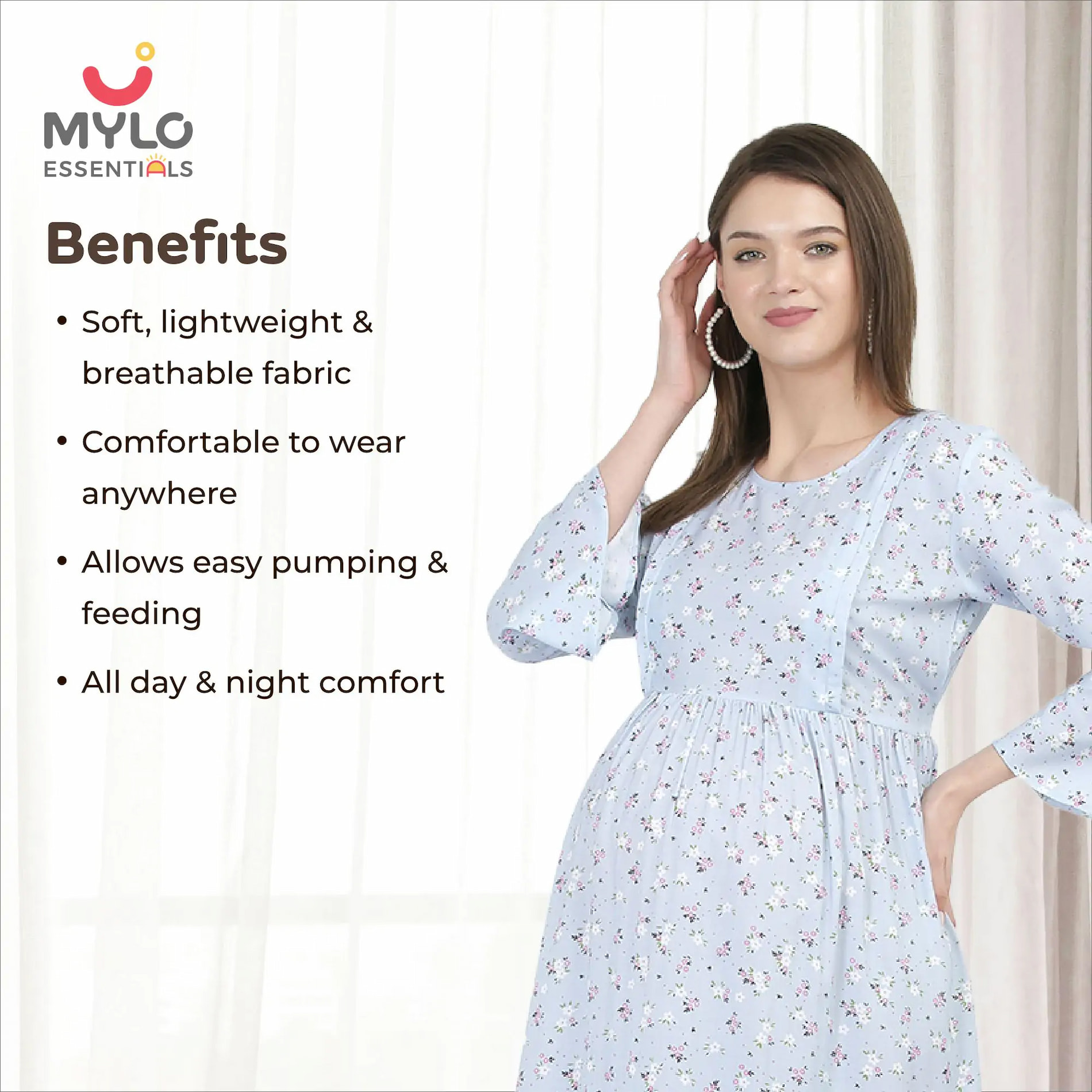 Mylo Pre & Post Maternity /Nursing Maxi Dress with both sides Zipper for Easy Feeding – Blue Ditsy Daisy –L