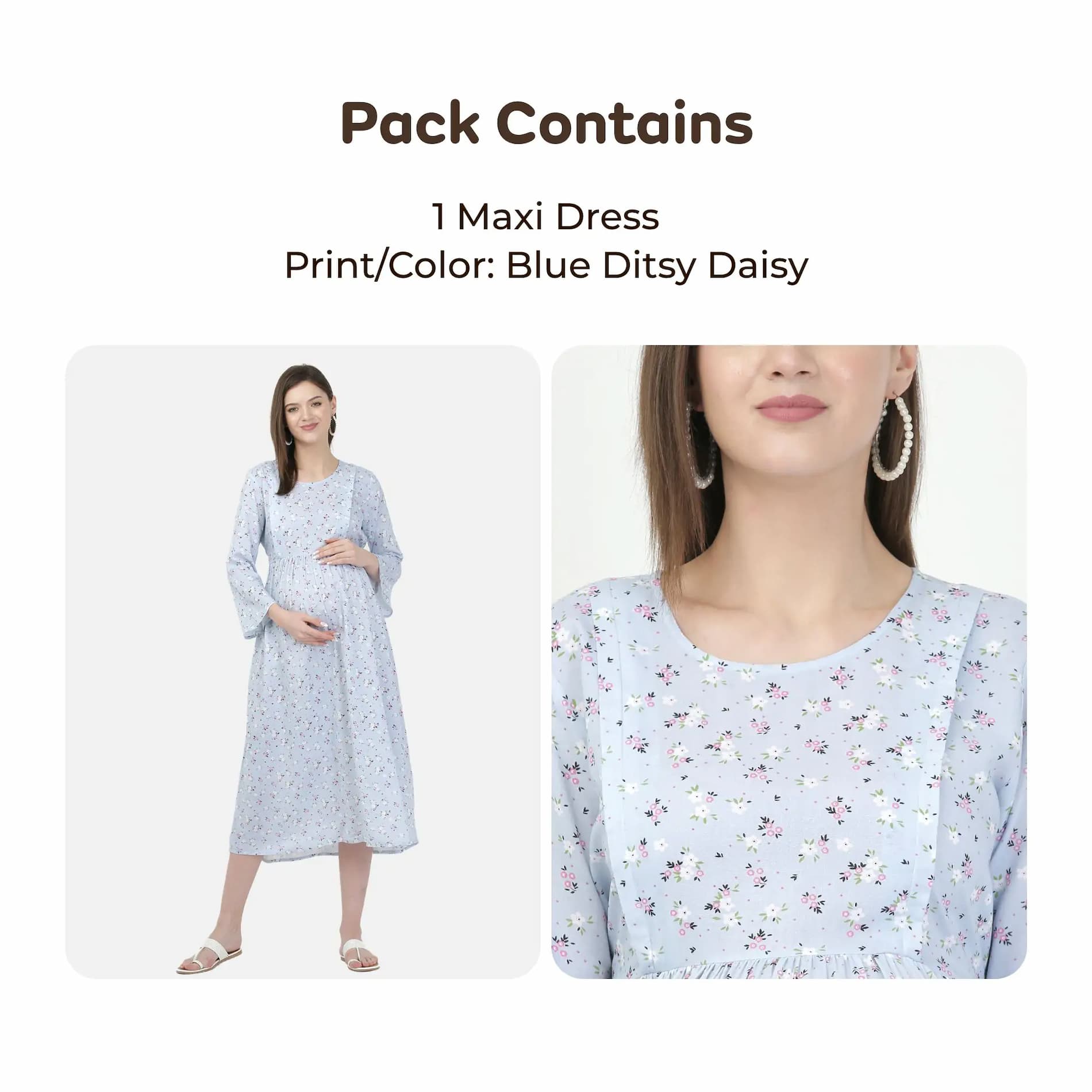 Mylo Pre & Post Maternity /Nursing Maxi Dress with both sides Zipper for Easy Feeding – Blue Ditsy Daisy –XXL