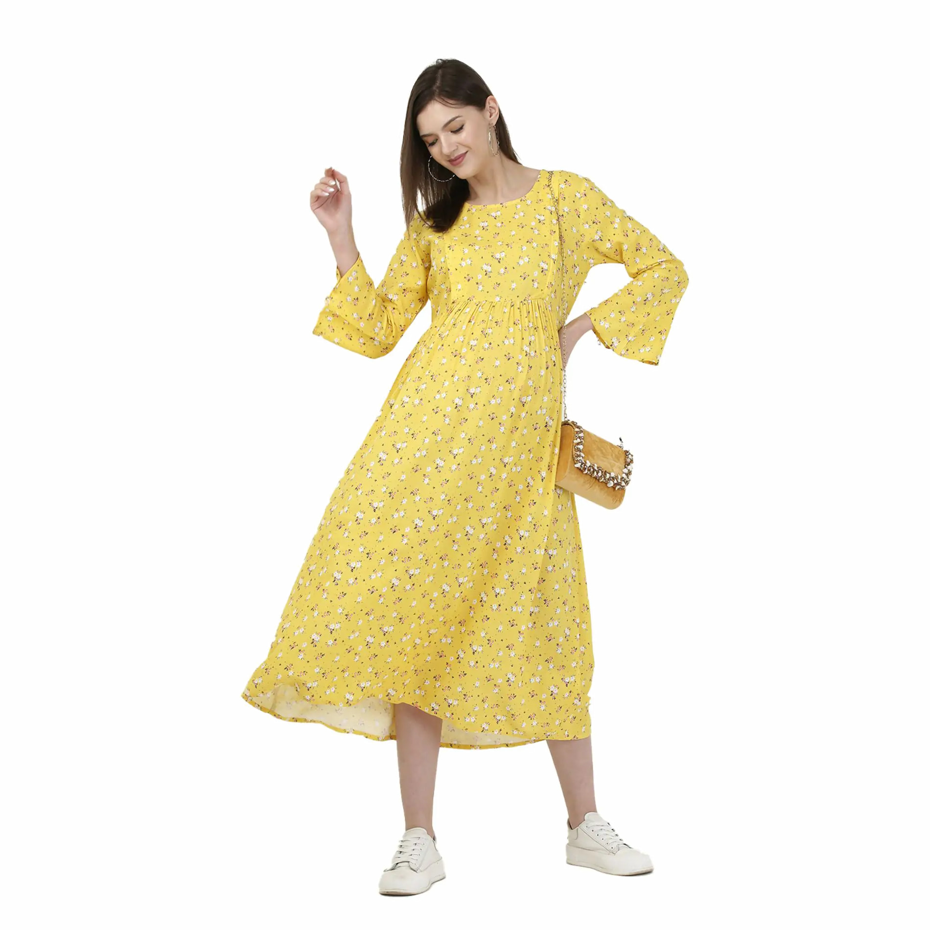 Mylo Pre & Post Maternity /Nursing Maxi Dress with both sides Zipper for Easy Feeding – Mustard Ditsy Daisy –L