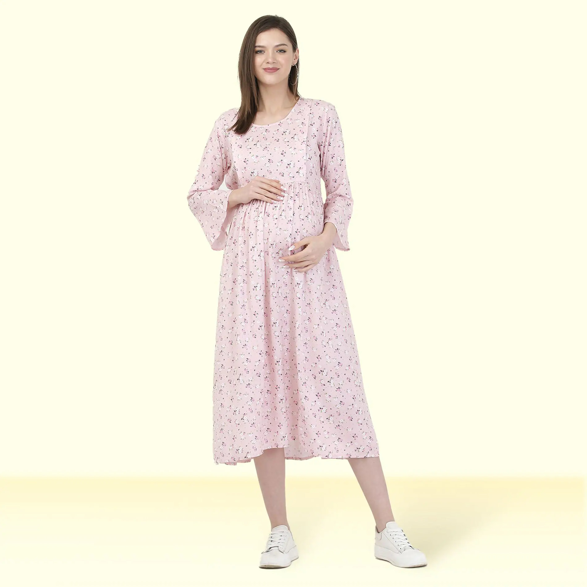 Mylo Pre & Post Maternity /Nursing Maxi Dress with both sides Zipper for Easy Feeding – Pink Ditsy Daisy – L
