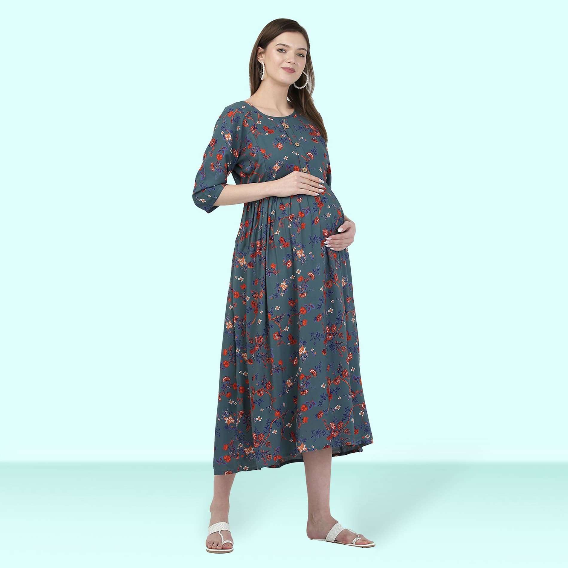Mylo Pre & Post Maternity /Nursing Maxi Dress with both sides Zipper for Easy Feeding – Garden Flowers -Teal –XL