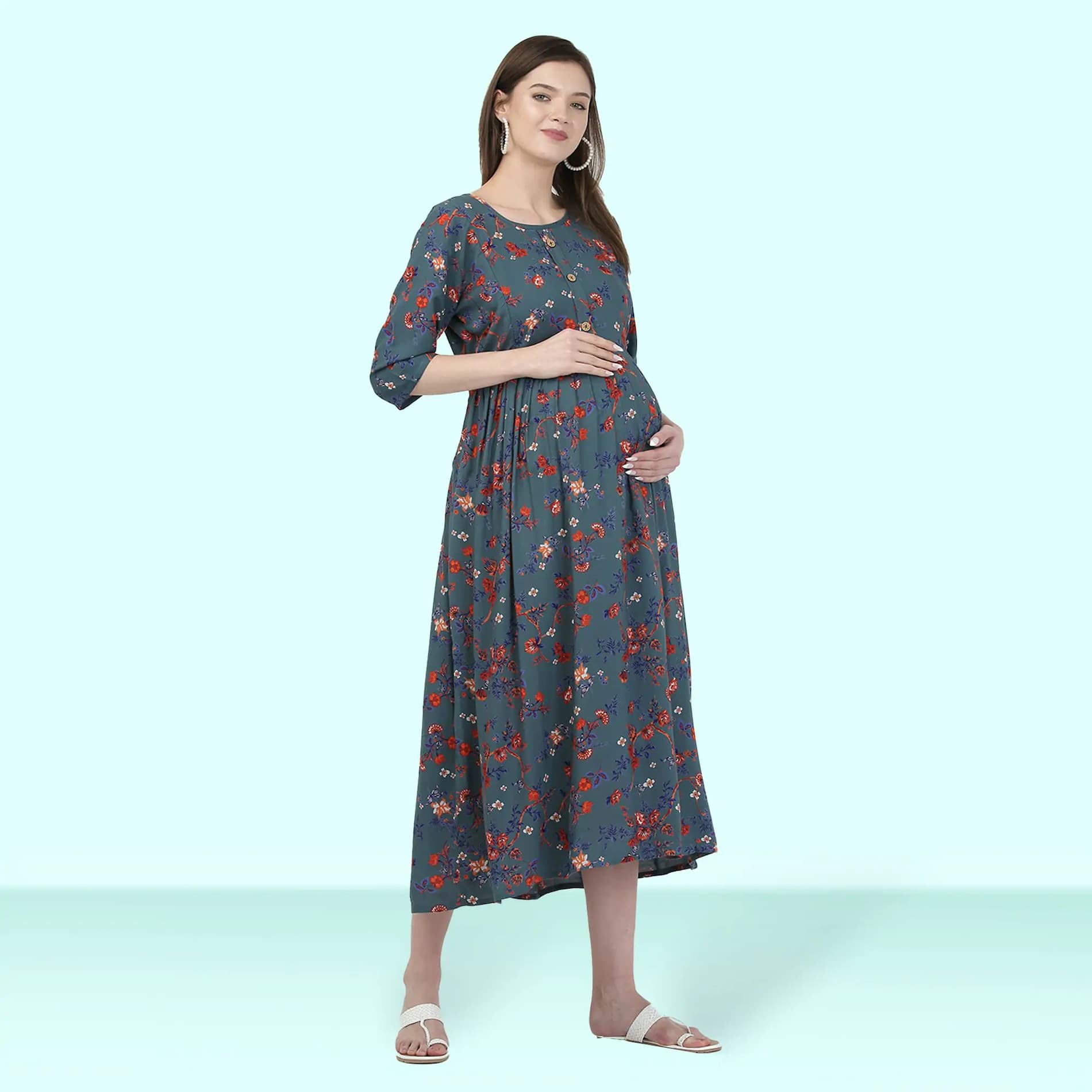 Mylo Pre & Post Maternity /Nursing Maxi Dress with both sides Zipper for Easy Feeding – Garden Flowers -Teal –L
