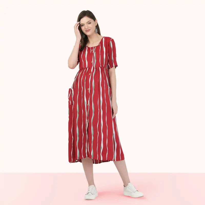 Mylo Pre & Post Maternity /Nursing Midi Dress with both sides Zipper for Easy Feeding – Tropical Stripes-Red - L