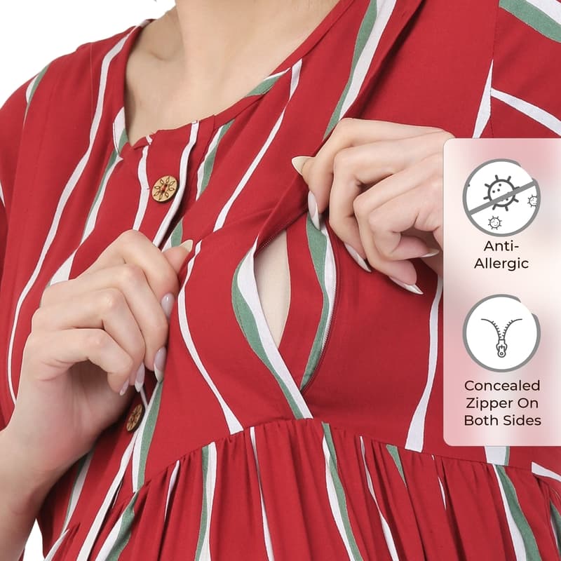 Mylo Pre & Post Maternity /Nursing Midi Dress with both sides Zipper for Easy Feeding – Tropical Stripes-Red - XL