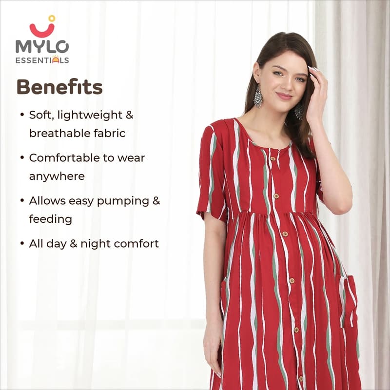 Pre & Post Maternity /Nursing Midi Dress with both sides Zipper for Easy Feeding - Stripes - Red - M