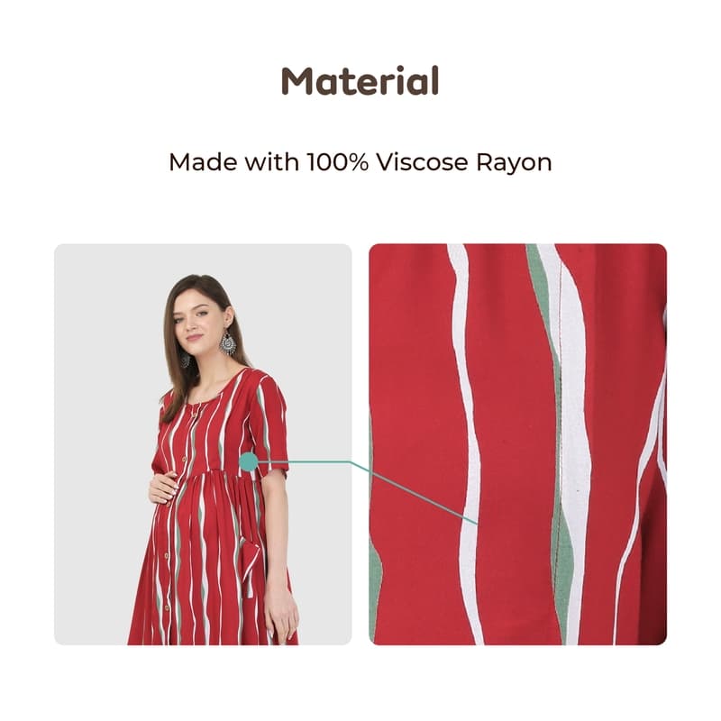Pre & Post Maternity /Nursing Midi Dress with both sides Zipper for Easy Feeding - Stripes - Red - M