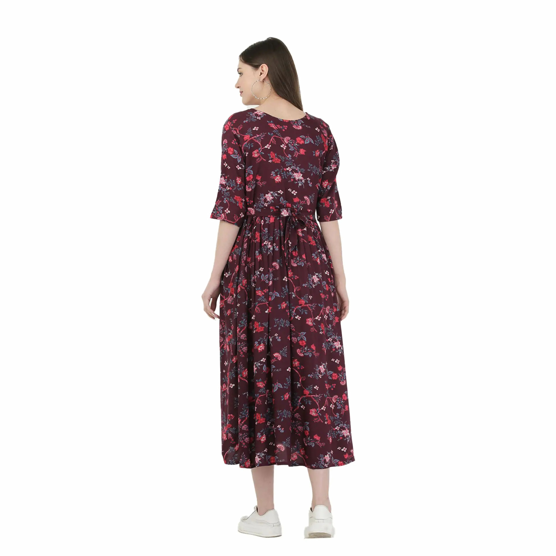 Mylo Pre & Post Maternity /Nursing Maxi Dress with both sides Zipper for Easy Feeding – Garden Flowers -Wine –XL