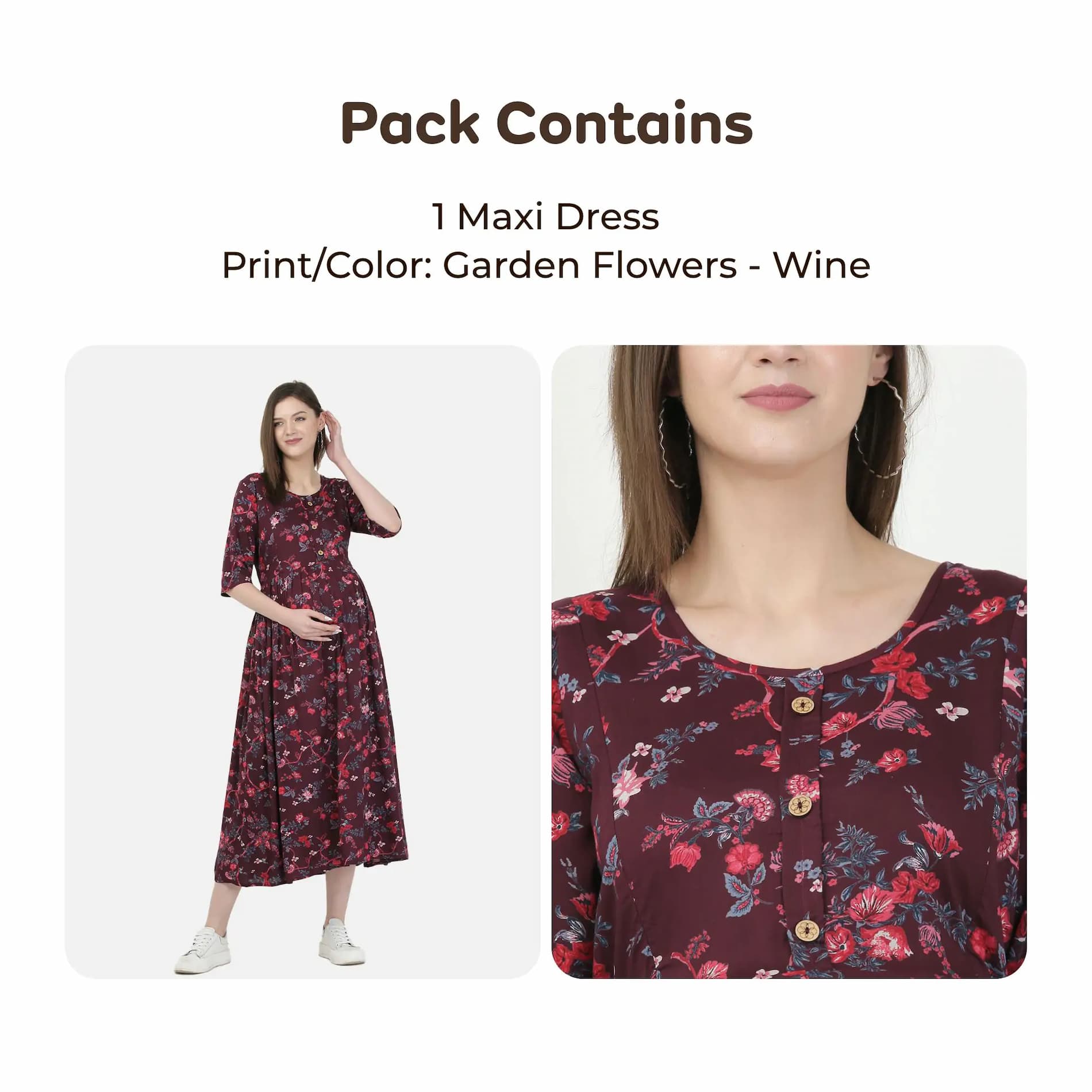 Mylo Pre & Post Maternity /Nursing Maxi Dress with both sides Zipper for Easy Feeding – Garden Flowers -Wine –XL