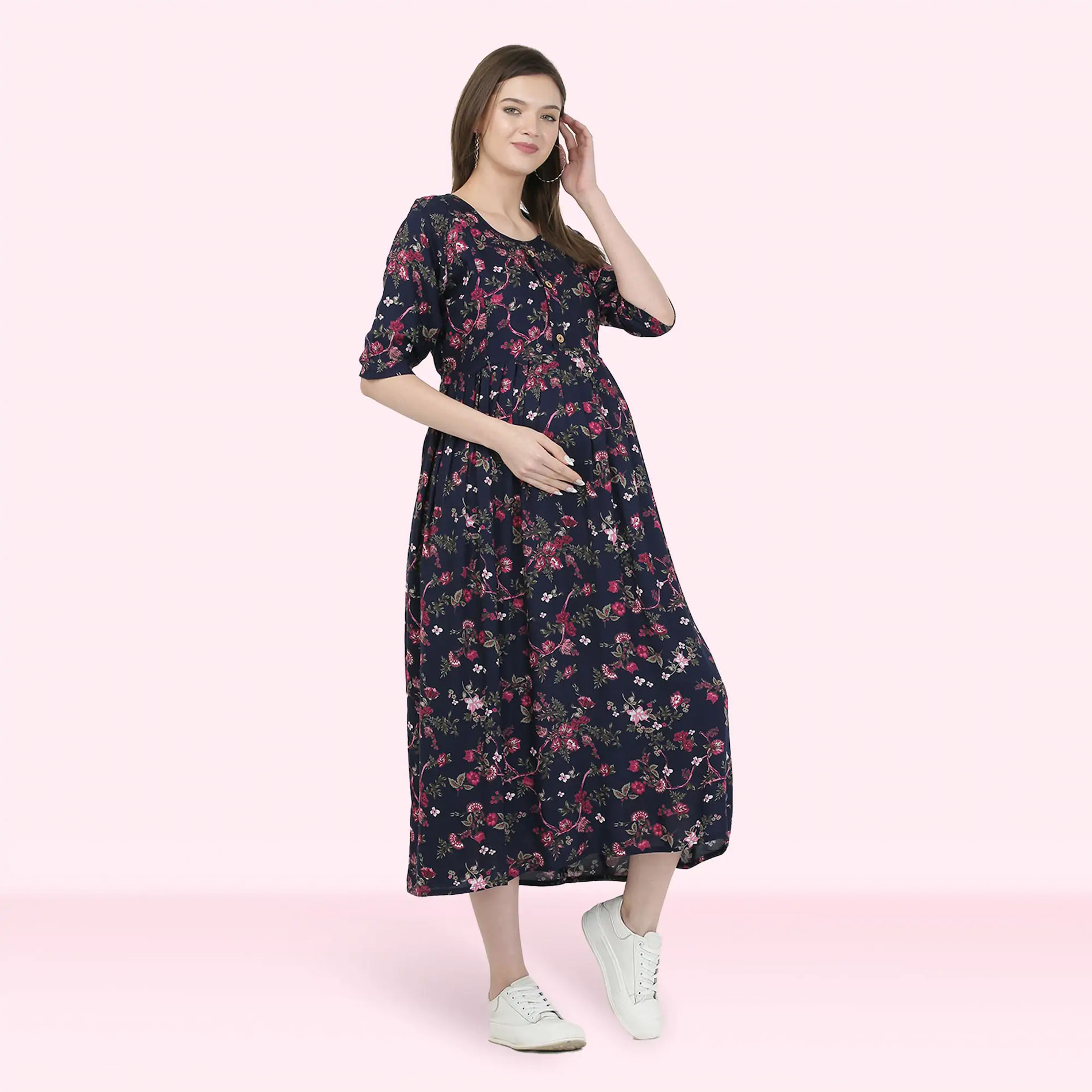 Mylo Pre & Post Maternity /Nursing Maxi Dress with both sides Zipper for Easy Feeding – Garden Flowers -Navy –XL