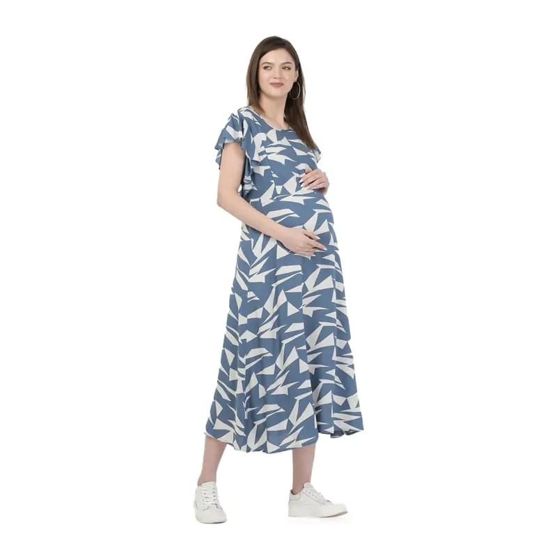 Mylo Pre & Post Maternity /Nursing Maxi Dress with both sides Zipper for Easy Feeding – Geometric Blue–M 
