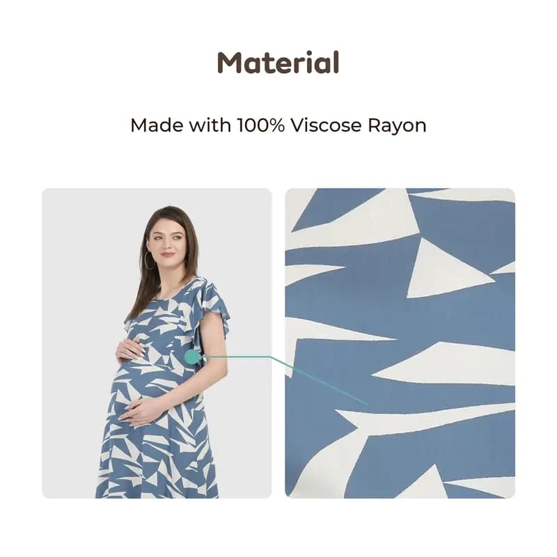 Mylo Pre & Post Maternity /Nursing Maxi Dress with both sides Zipper for Easy Feeding – Geometric Blue–M 