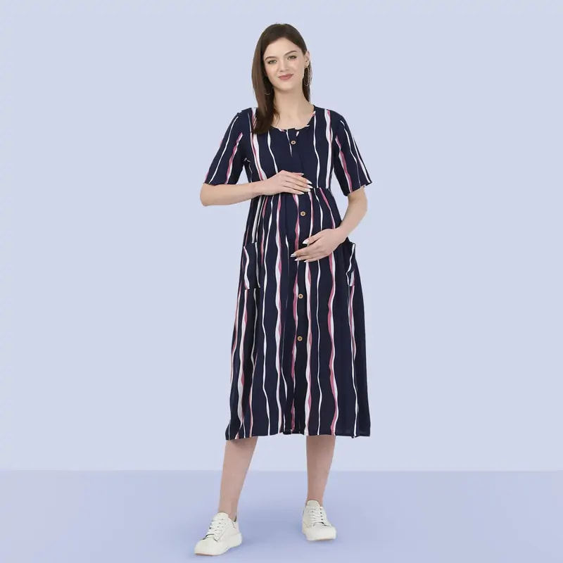 Mylo Pre & Post Maternity /Nursing Midi Dress with both sides Zipper for Easy Feeding – Tropical Stripes-Navy - L