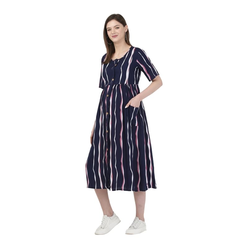 Pre & Post Maternity /Nursing Midi Dress with both sides Zipper for Easy Feeding - Stripes - Dark Blue - L