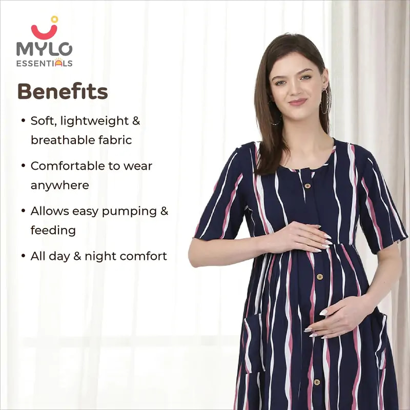 Mylo Pre & Post Maternity /Nursing Midi Dress with both sides Zipper for Easy Feeding – Tropical Stripes-Navy - M