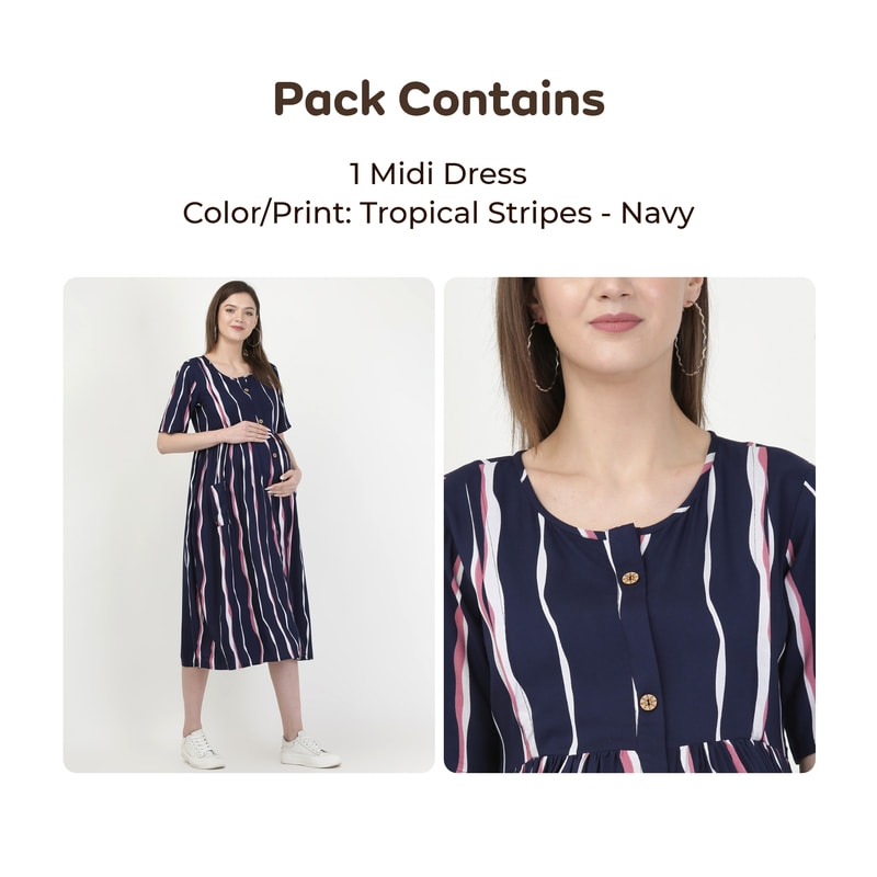 Pre & Post Maternity /Nursing Midi Dress with both sides Zipper for Easy Feeding - Stripes - Dark Blue - L