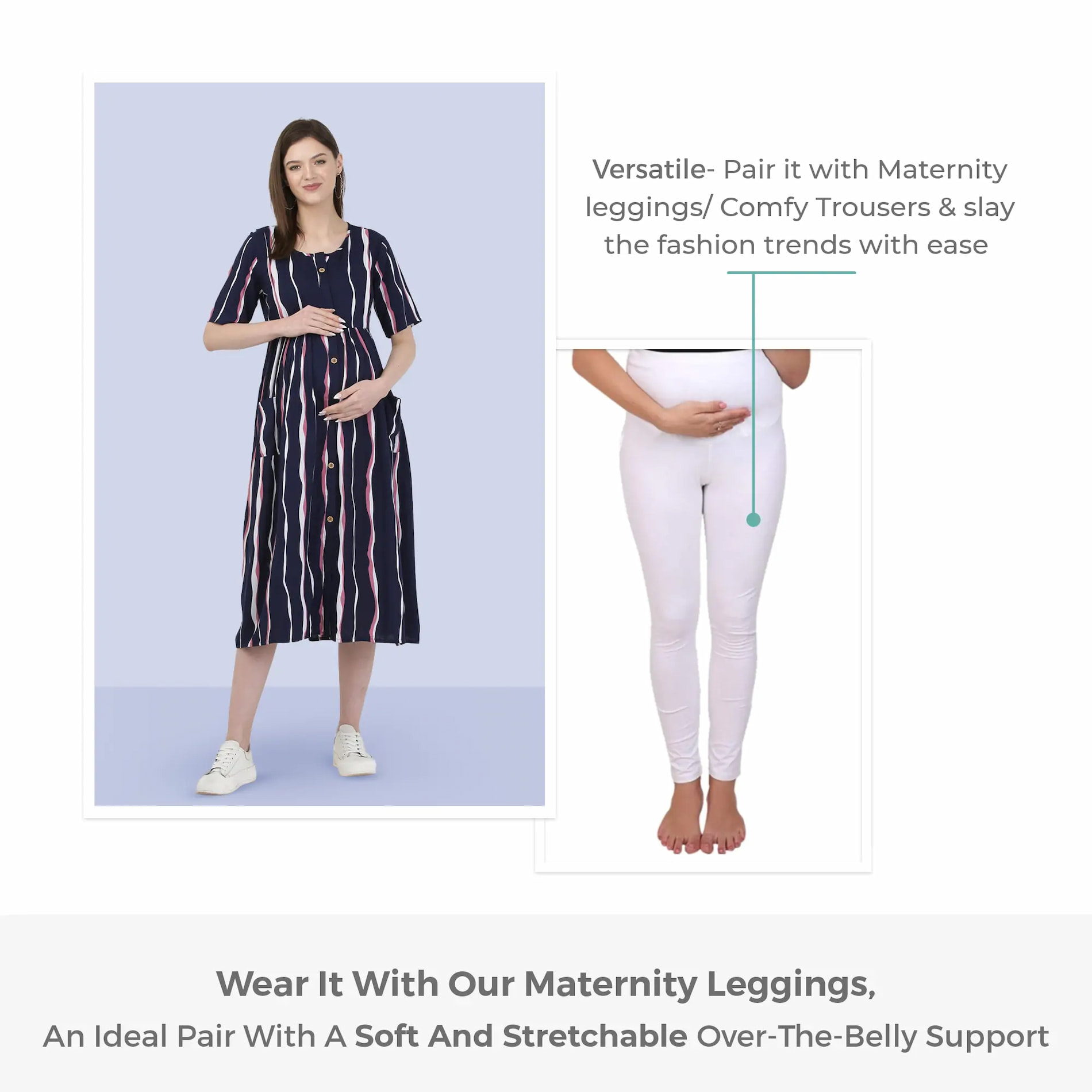 Mylo Pre & Post Maternity /Nursing Midi Dress with both sides Zipper for Easy Feeding – Tropical Stripes-Navy - M