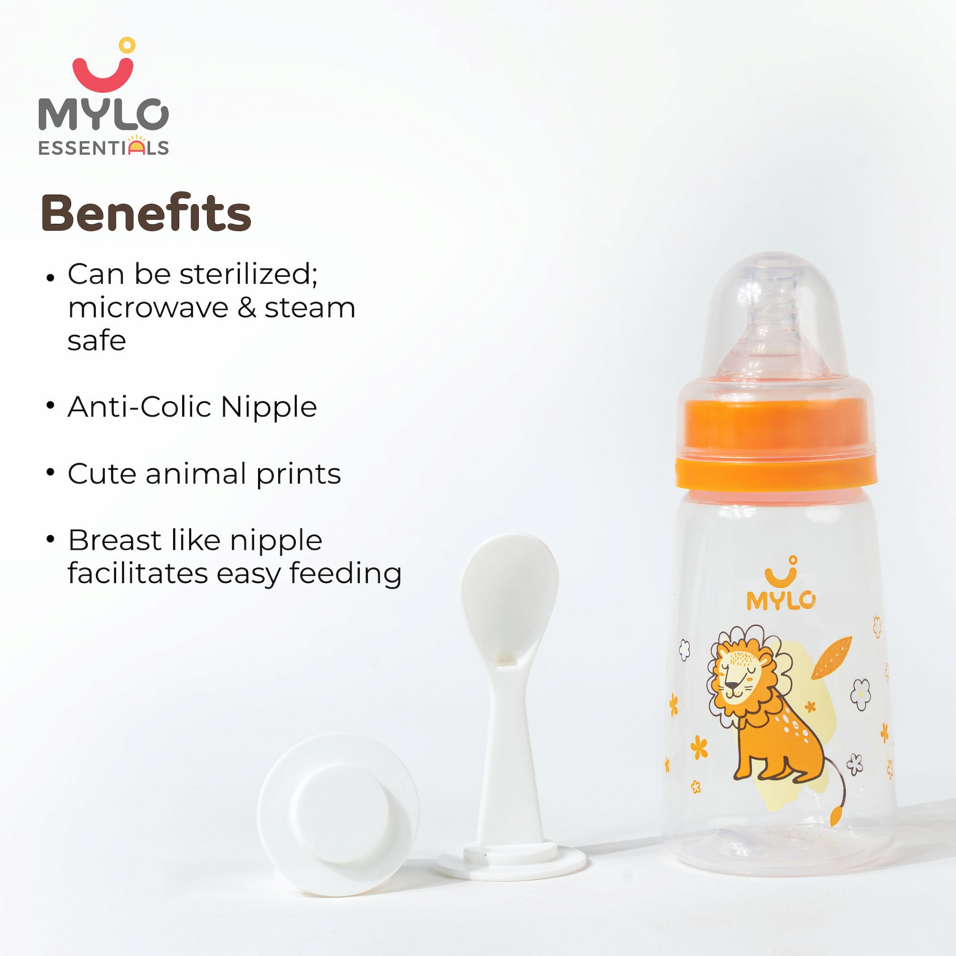 Mylo Feels Natural Baby Bottle – 125ml - BPA Free with Anti-Colic Nipple (Lion)