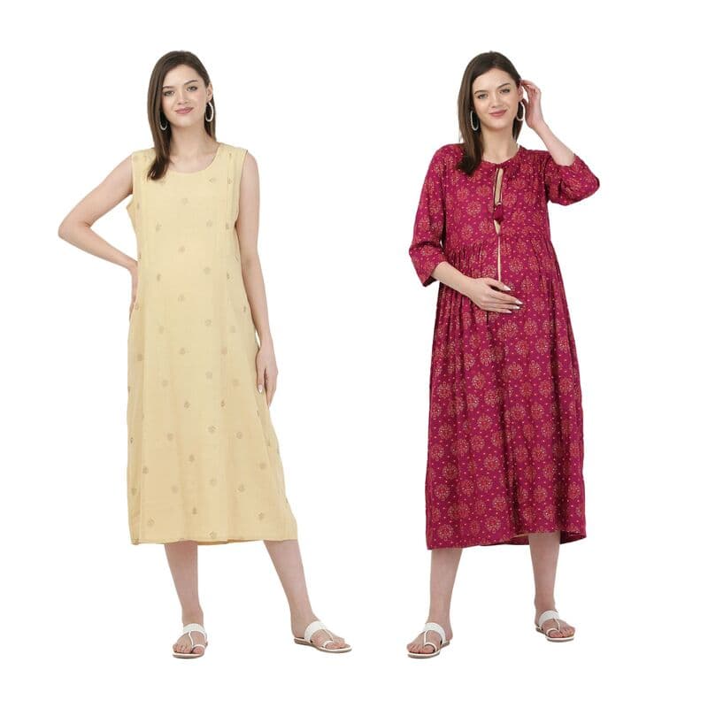 Pre & Post Maternity /Nursing Double Layered Kurta Dress with Zippers for Easy Feeding – Ethnic Pink-M