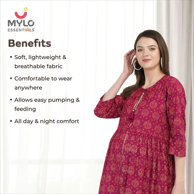 Pre & Post Maternity /Nursing Double Layered Kurta Dress with Zippers for Easy Feeding – Ethnic Pink-XL