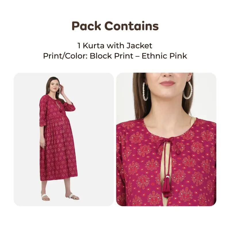 Pre & Post Maternity /Nursing Double Layered Kurta Dress with Zippers for Easy Feeding – Ethnic Pink-XL