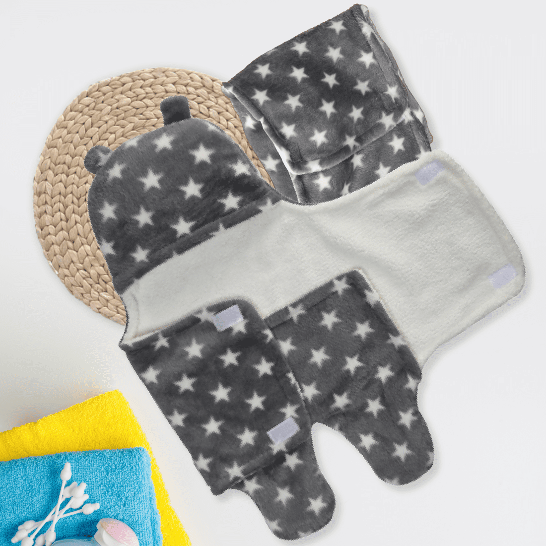 All Season Unisex Baby Blanket, Wrapper & Bath Robe (0-6 Month) - Star Grey - Pack of 2
