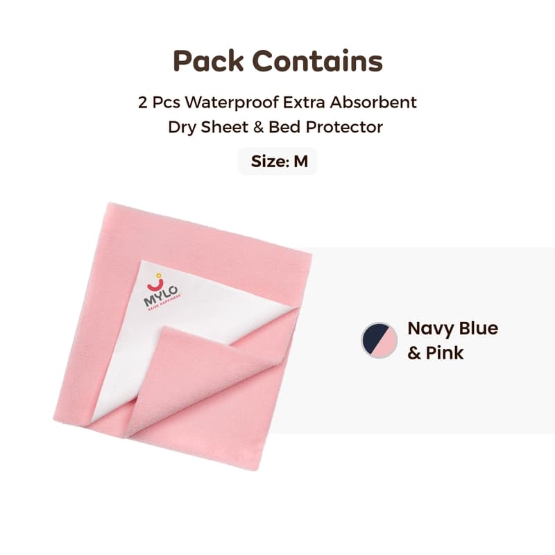 Mylo Waterproof Extra Absorbent Dry Sheet & Bed Protector - Navy Blue & Pink- Pack of 2