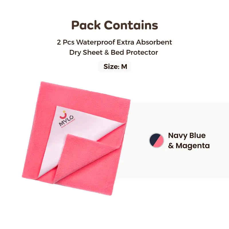 Waterproof Extra Absorbent Dry Sheet & Bed Protector - Navy Blue & Magenta- Pack of 2