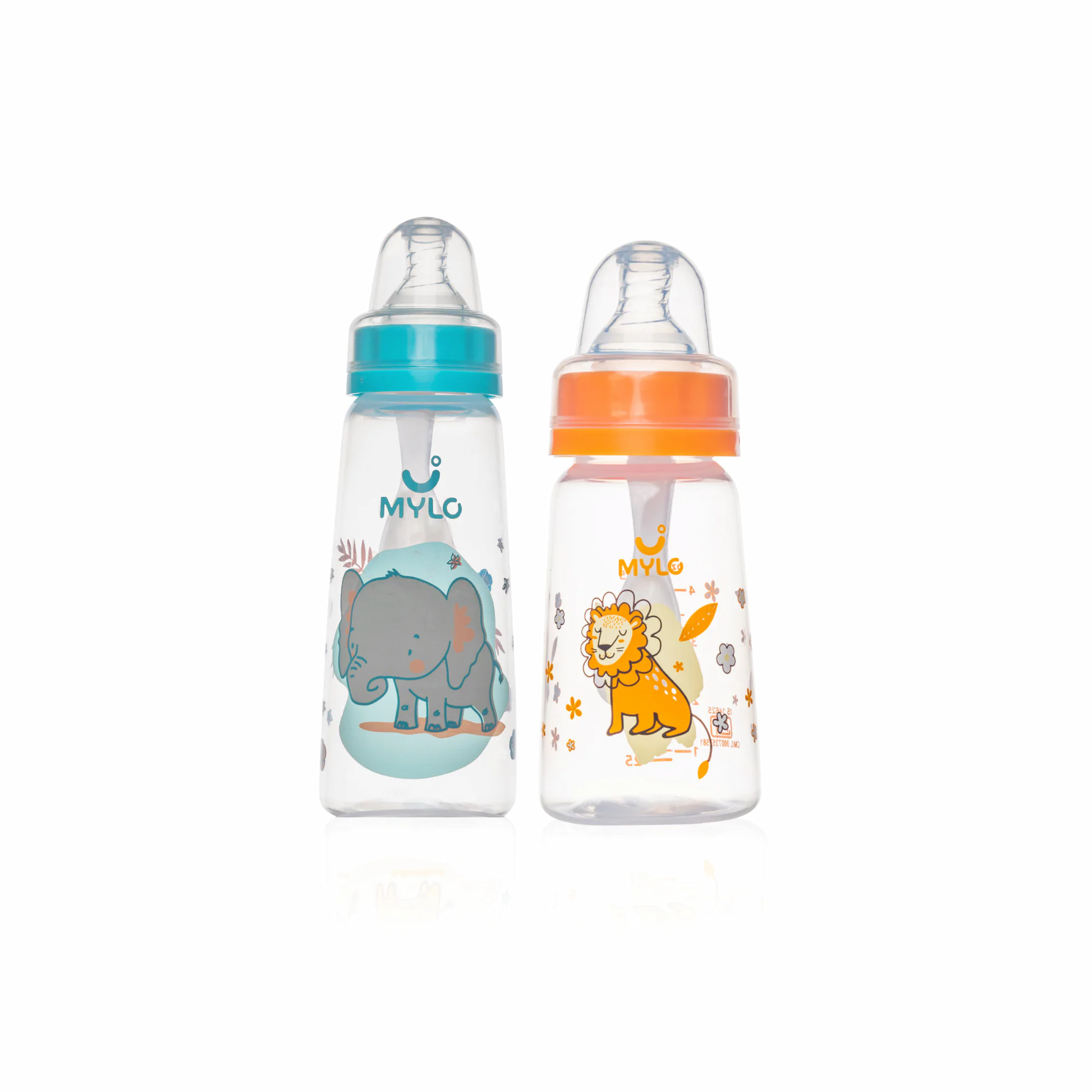 Mylo Feels Natural Baby Bottle – 125ml & 250 ml - BPA Free with Anti-Colic Nipple-Pack of 2- (Lion & Elephant)