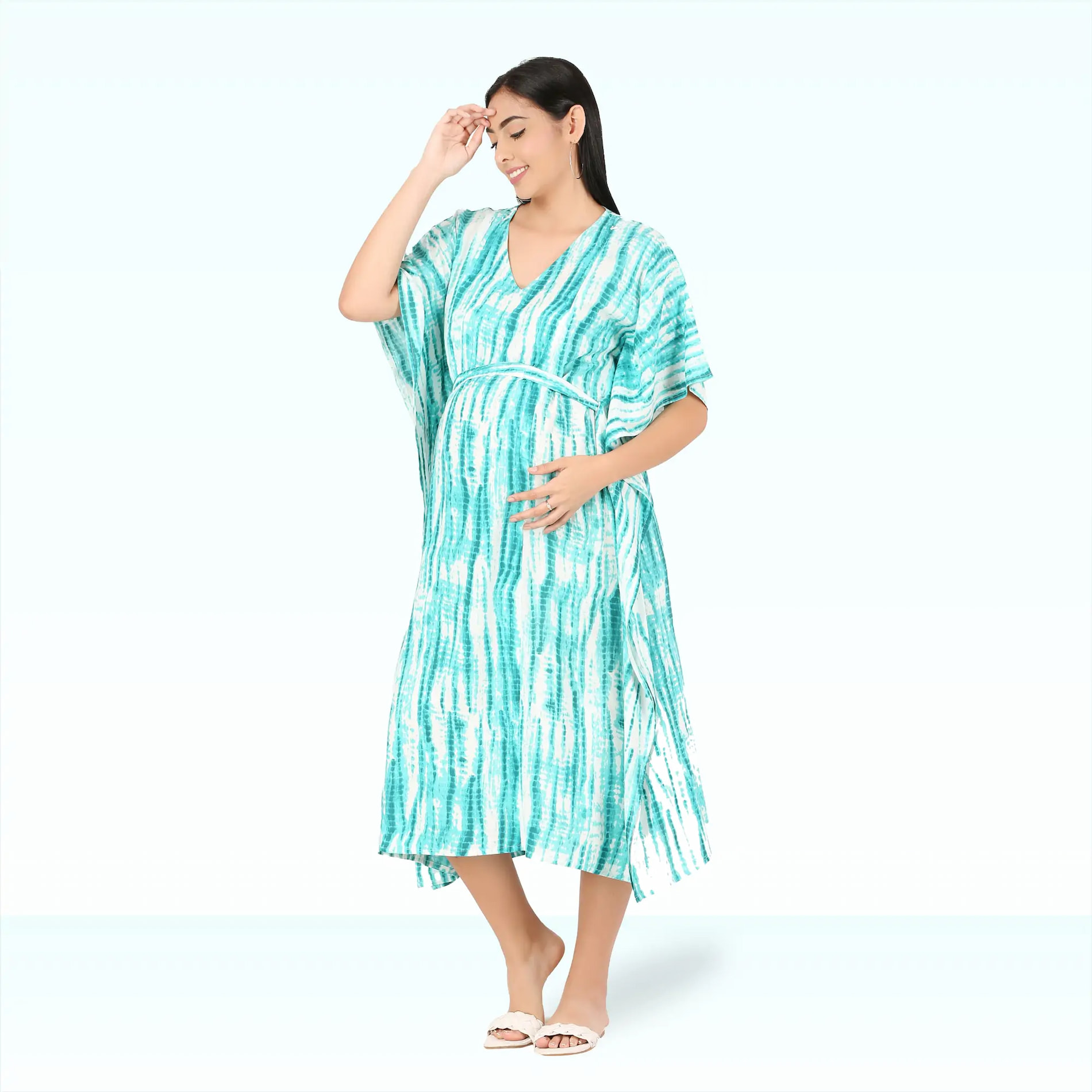 Mylo Pre & Post Maternity /Nursing Kaftan Maxi Dress cum Nighty with Zipper for Easy Feeding – Shibori Print -Sea Green - L