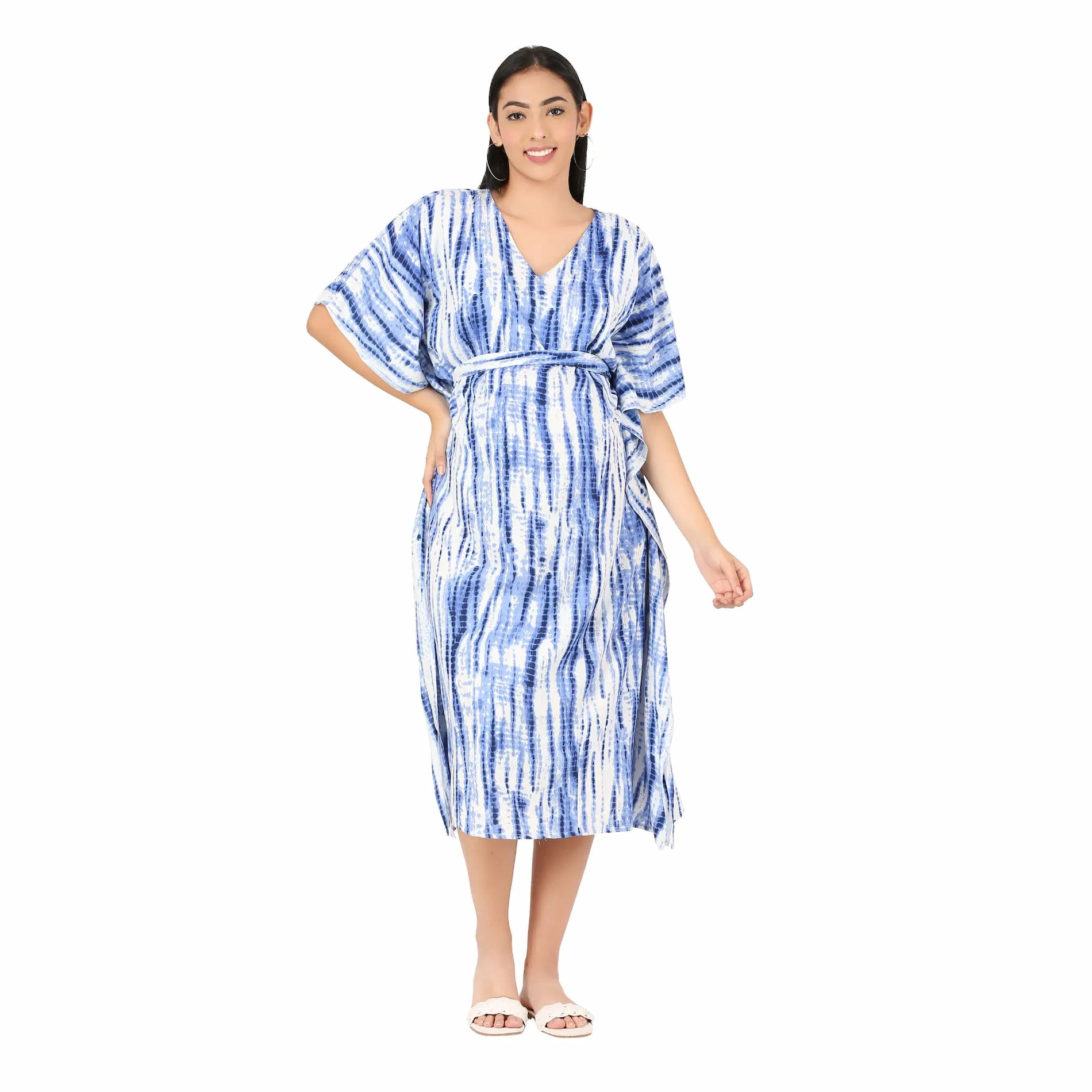 Mylo Pre & Post Maternity /Nursing Kaftan Maxi Dress cum Nighty with Zipper for Easy Feeding – Shibori Print -Navy - L