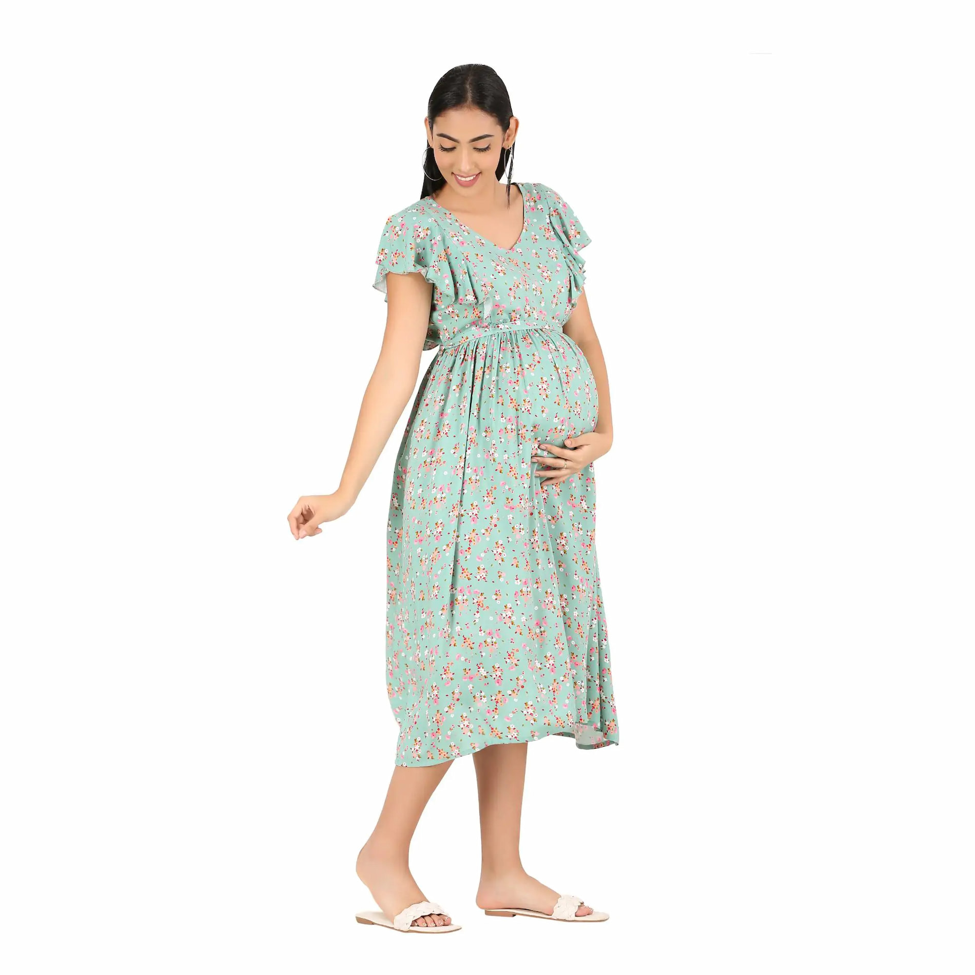 Mylo Pre & Post Maternity /Nursing Midi Dress with both sides Zipper for Easy Feeding – Bora Bora Green–L
